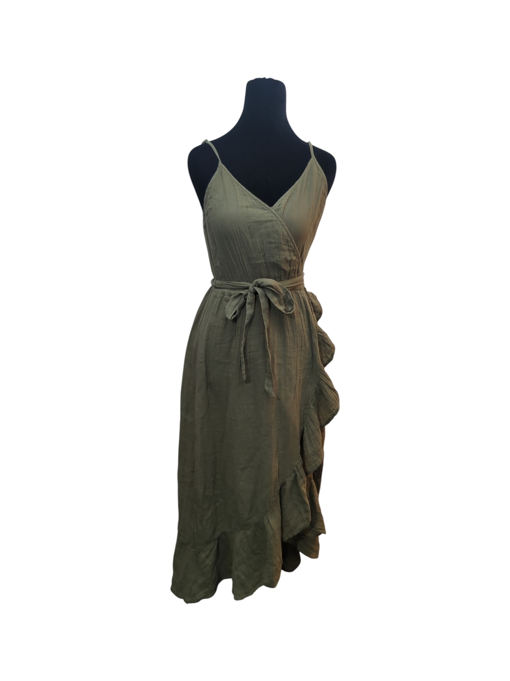 Aerie Small Olive Green Wrap Midi Dress 100% Cotton Ruffle Hem Coastal Cowgirl